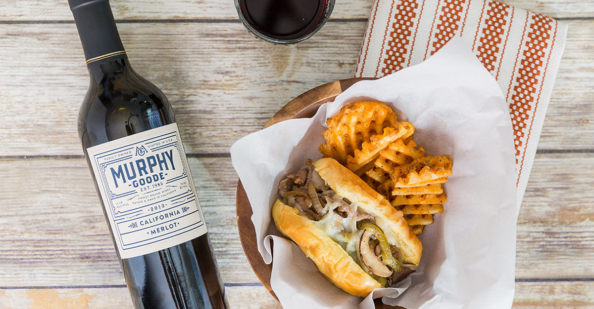 Cheesesteak Sliders with a bottle of Murphy-Goode wine bottle