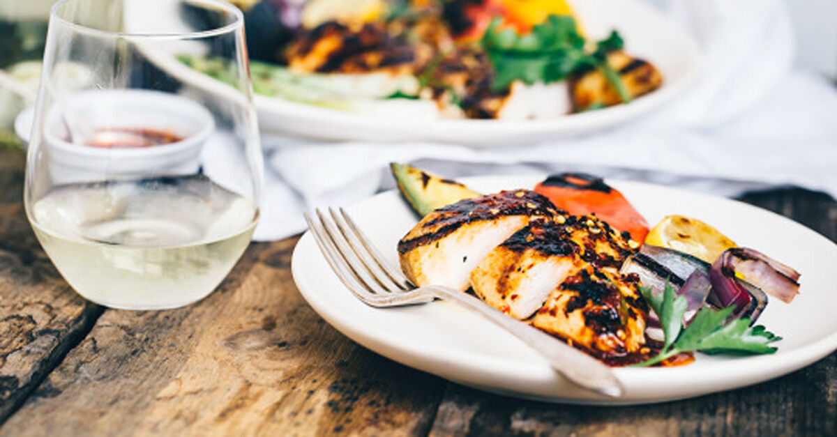 Honey chicken breast with grilled sticky sambal and veggie plate on a table