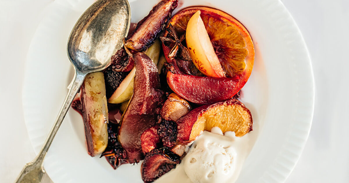 Roasted Sangria Fruit with Vanilla Cashew Ice Cream